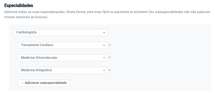 Especialidades do perfil