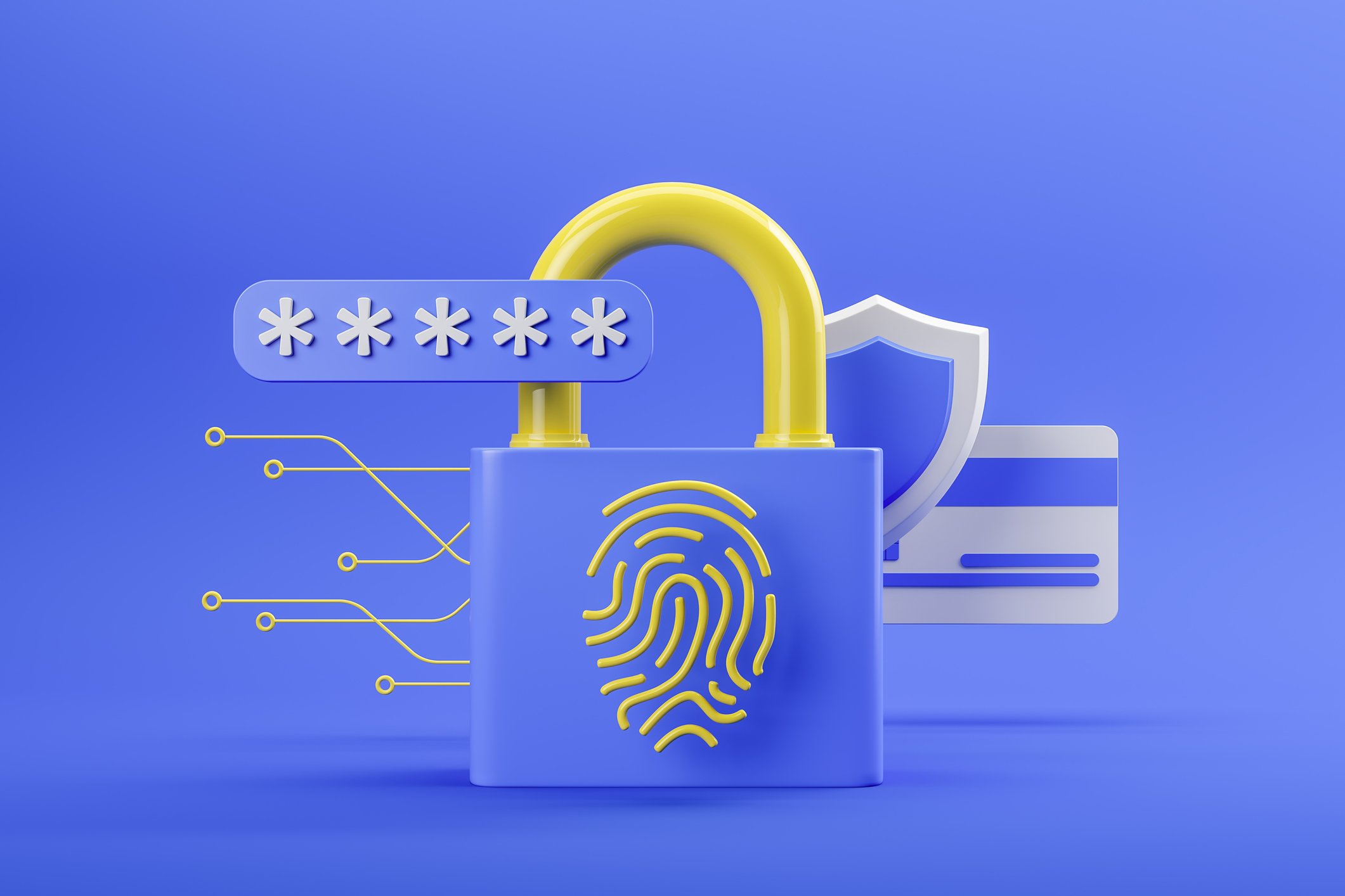 Illustration verschiedener Symbole für das Thema Datenschutz in Blau und Gelb